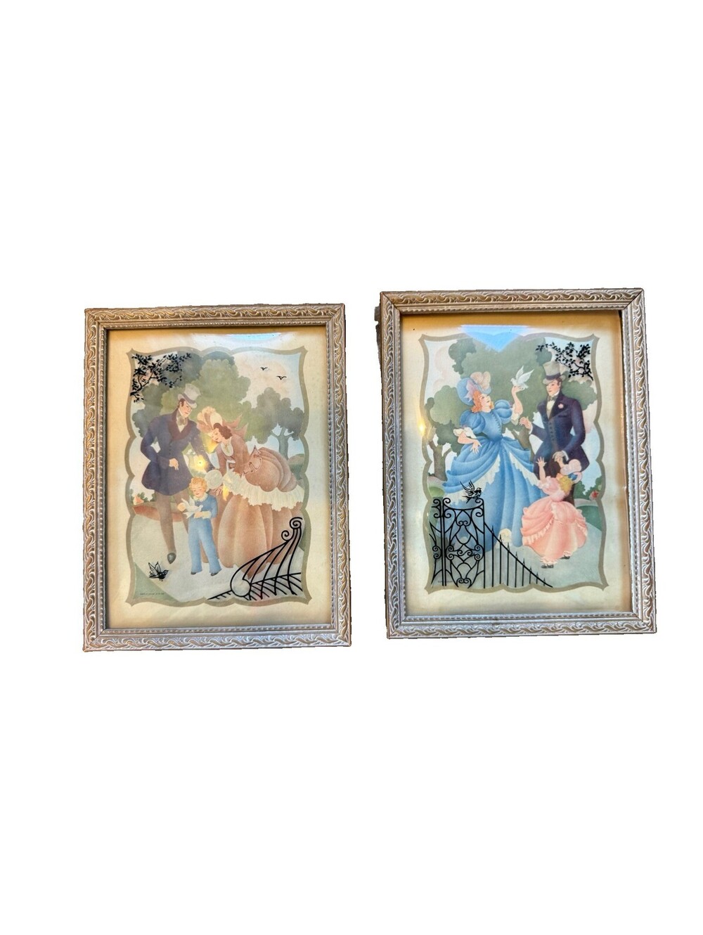Pair of Vintage Painted Silhouette Victorian Couple Convex Bubble Glass